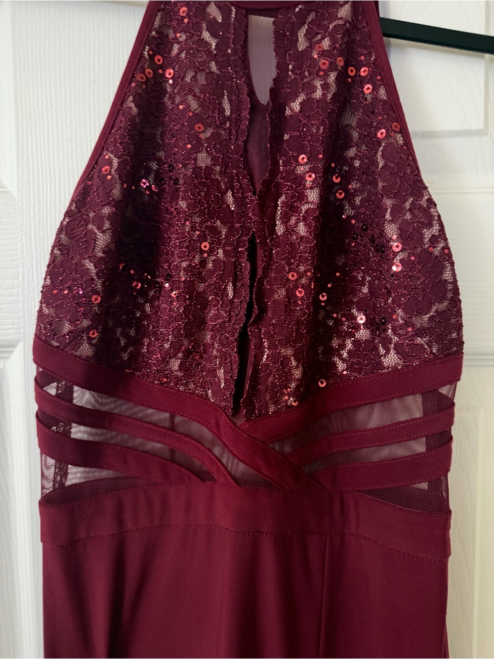 Morgan & Co. Burgundy Lace and Sequin Halter Prom Dress